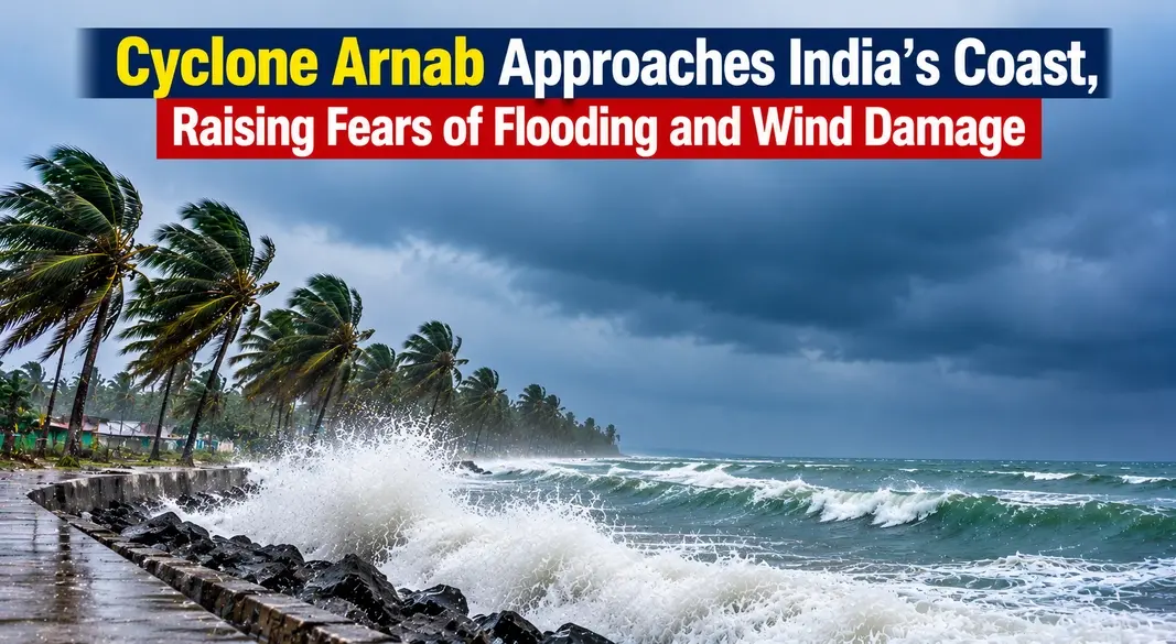 Cyclone approaching India's eastern coast with powerful waves, storm clouds and flooding risks.