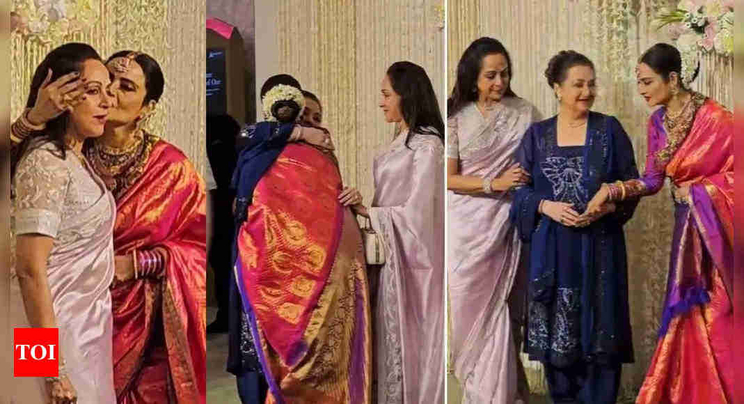 At Ira Khan’s reception, Hema Malini and Rekha demonstrate affection for Saira Banu; Dharmendra and Esha Deol also make an appearance.