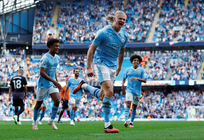 Erling Haaland scores his second hat-trick of the week against City, shattering the Premier League goalscoring record in the process.