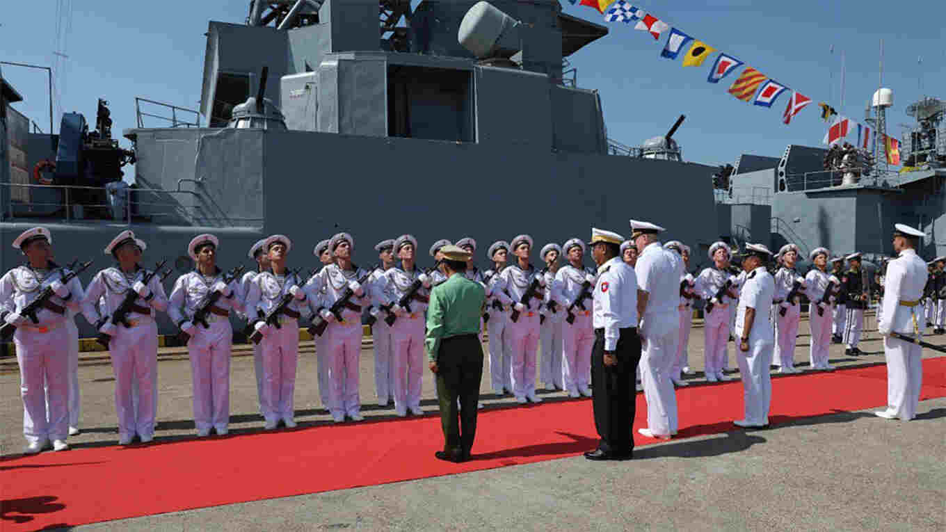 Military-dominated Russia, Myanmar’s closest friend and largest arms supplier, participates in a cooperative naval drill.